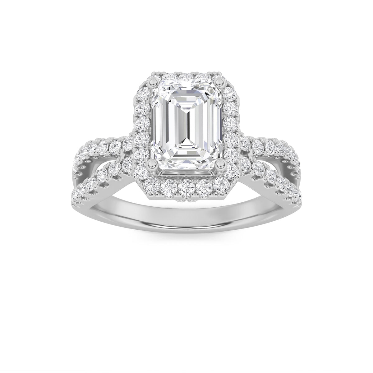 2Cttw Emerald Shaped Lab Grown Diamond (G/VS) Split Shank Halo Accented Engagement Ring in 14K Gold