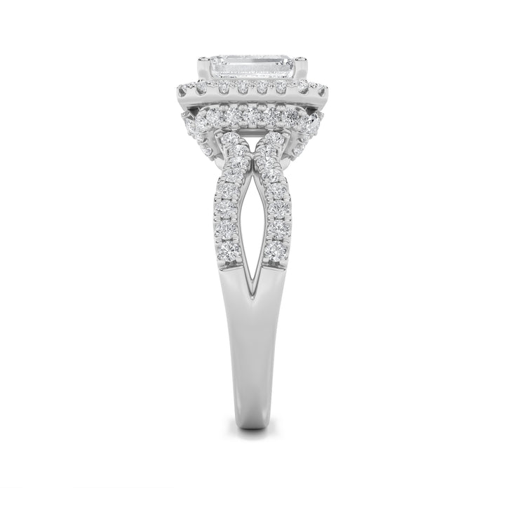 2Cttw Emerald Shaped Lab Grown Diamond (G/VS) Split Shank Halo Accented Engagement Ring in 14K Gold