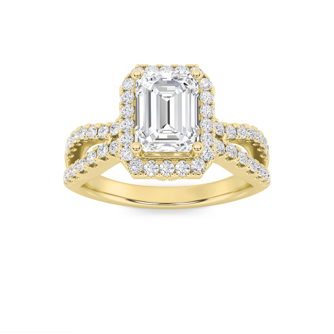 2Cttw Emerald Shaped Lab Grown Diamond (F/VS) Split Shank Halo Accented Engagement Ring in 14K Gold