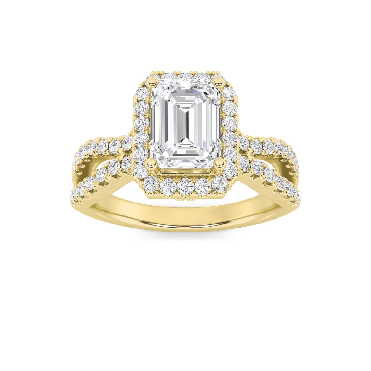 2Cttw Emerald Shaped Lab Grown Diamond (F/VS) Split Shank Halo Accented Engagement Ring in 14K Gold