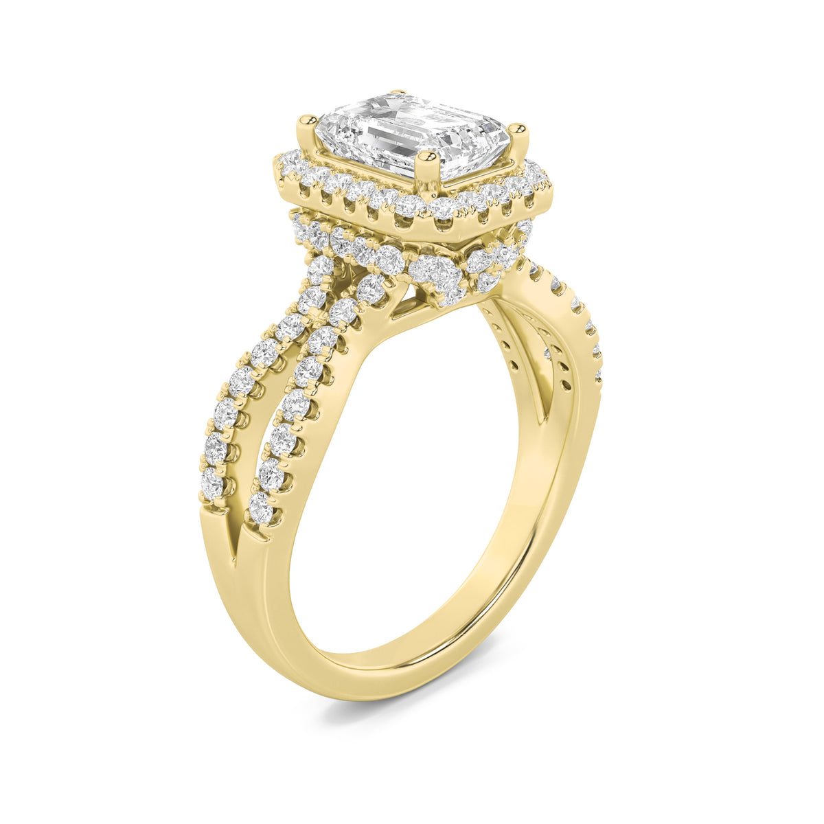 2Cttw Emerald Shaped Lab Grown Diamond (F/VS) Split Shank Halo Accented Engagement Ring in 14K Gold