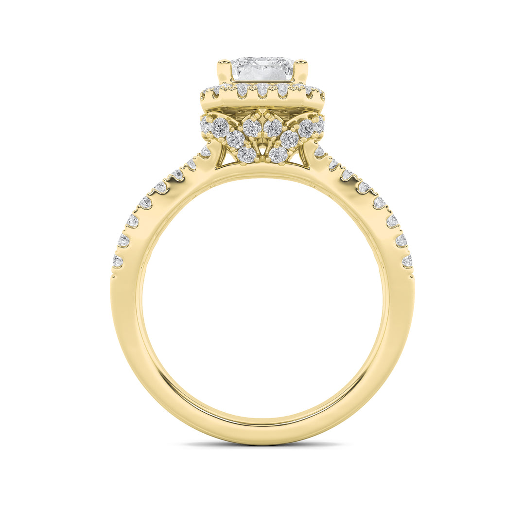 2Cttw Emerald Shaped Lab Grown Diamond (F/VS) Split Shank Halo Accented Engagement Ring in 14K Gold