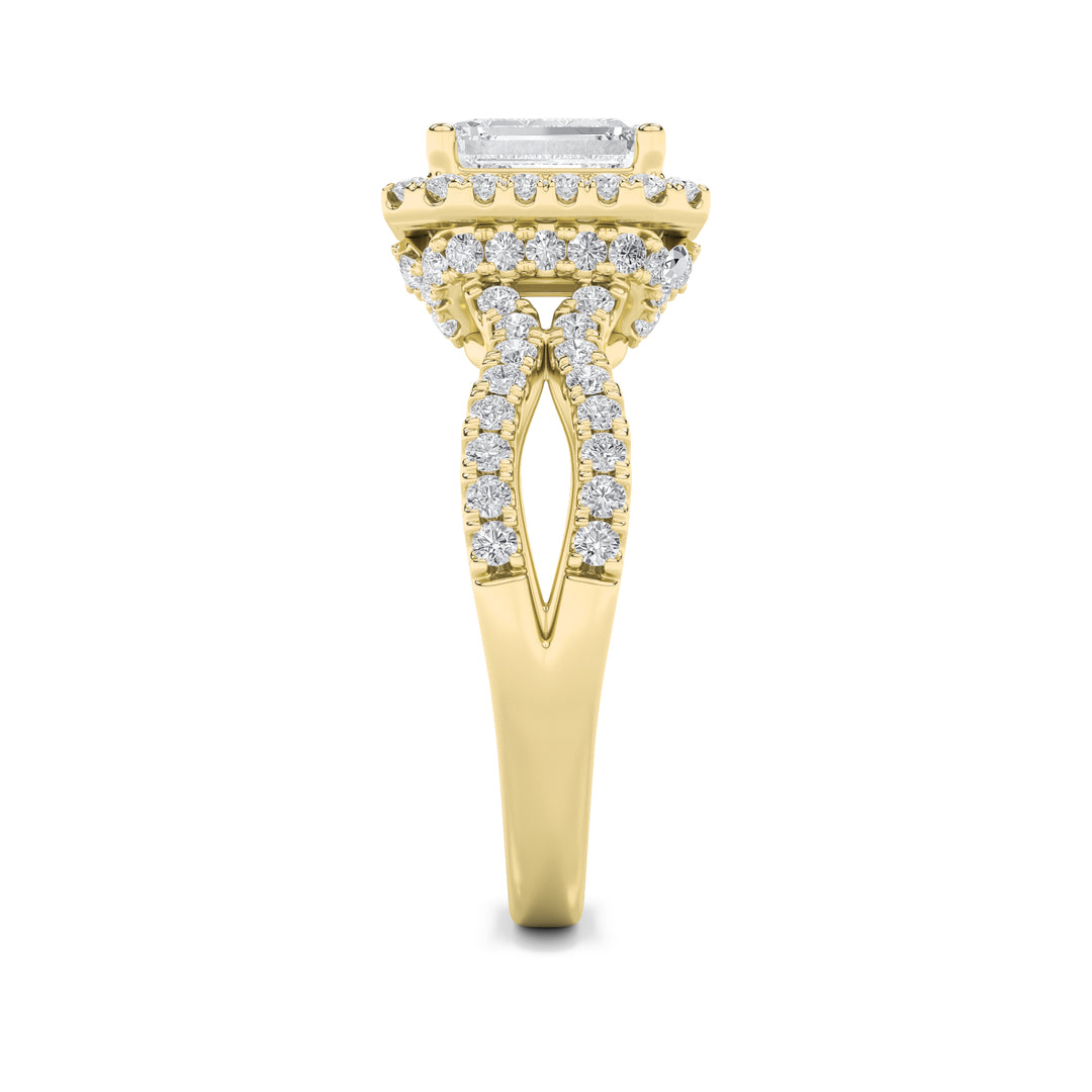 2Cttw Emerald Shaped Lab Grown Diamond (F/VS) Split Shank Halo Accented Engagement Ring in 14K Gold