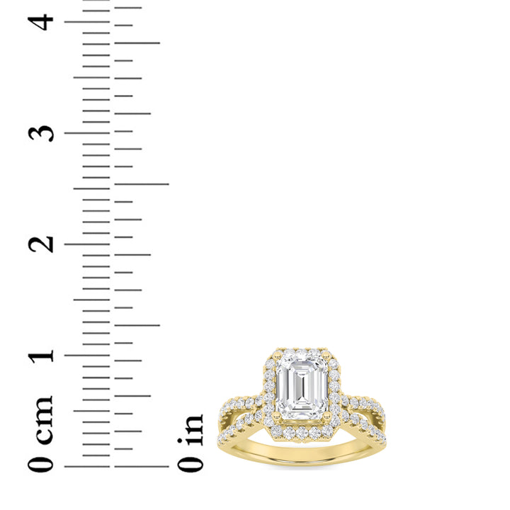 2Cttw Emerald Shaped Lab Grown Diamond (F/VS) Split Shank Halo Accented Engagement Ring in 14K Gold