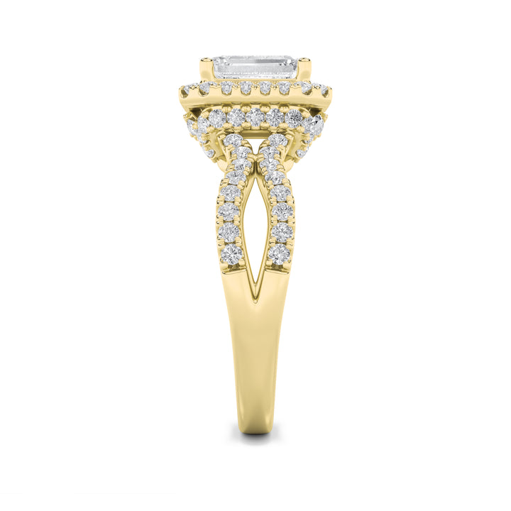 2Cttw Emerald Shaped Lab Grown Diamond (G/VS) Split Shank Halo Accented Engagement Ring in 14K Gold