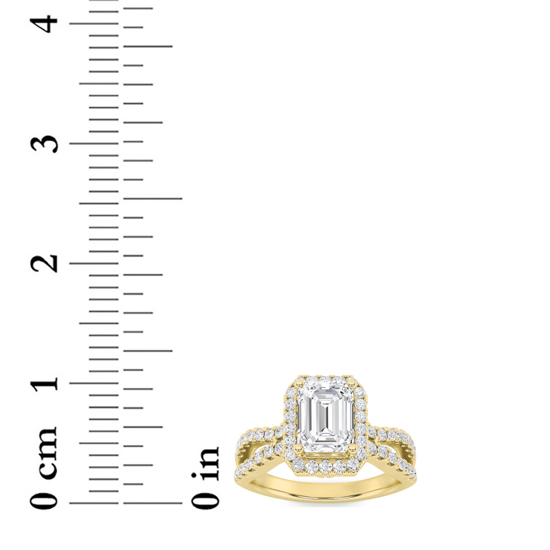 2Cttw Emerald Shaped Lab Grown Diamond (G/VS) Split Shank Halo Accented Engagement Ring in 14K Gold