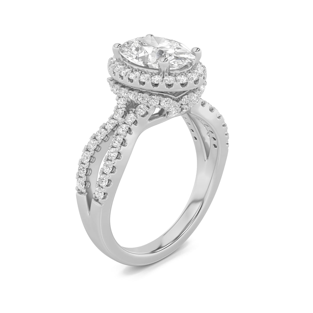 2Cttw Oval Shaped Lab Grown Diamond (F/VS) Split Shank Halo Accented Engagement Ring in 14K Gold