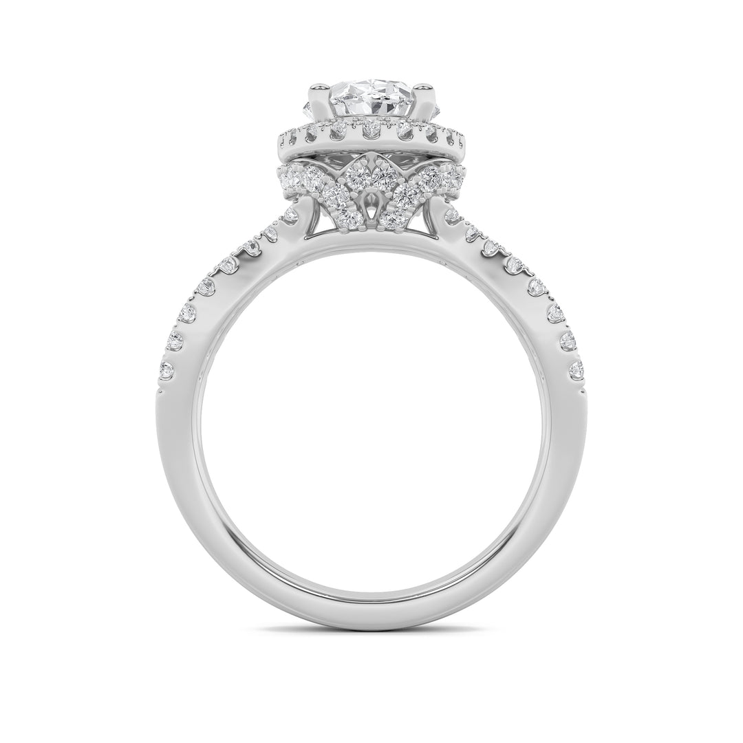 2Cttw Oval Shaped Lab Grown Diamond (F/VS) Split Shank Halo Accented Engagement Ring in 14K Gold