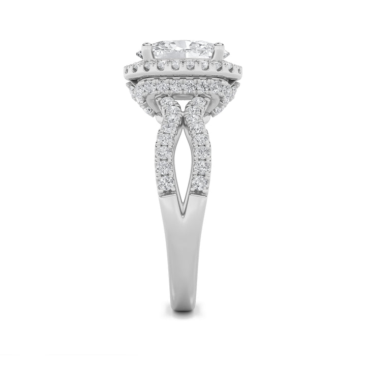 2Cttw Oval Shaped Lab Grown Diamond (F/VS) Split Shank Halo Accented Engagement Ring in 14K Gold