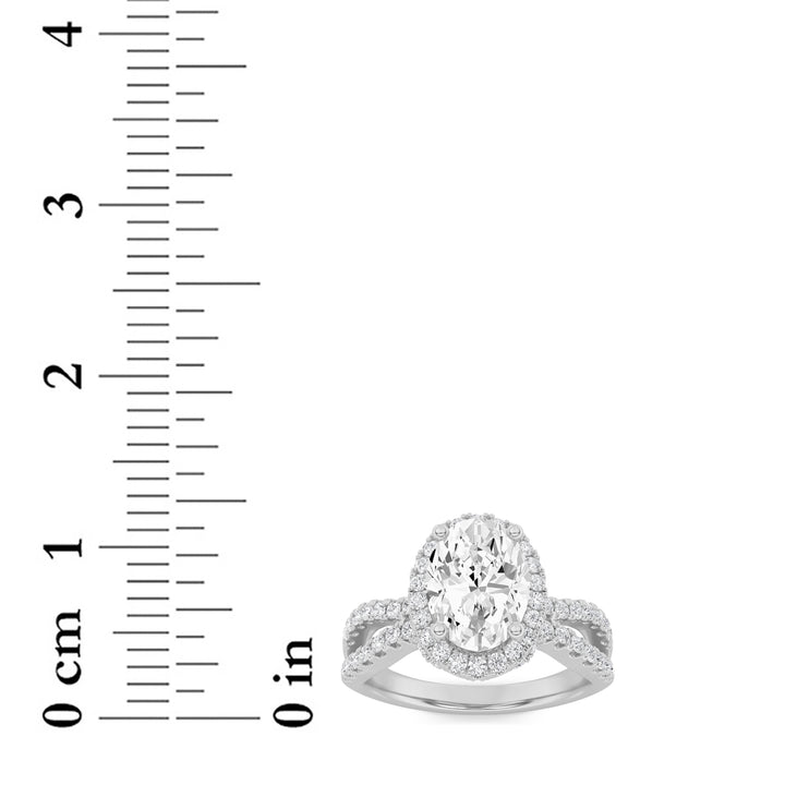 2Cttw Oval Shaped Lab Grown Diamond (F/VS) Split Shank Halo Accented Engagement Ring in 14K Gold