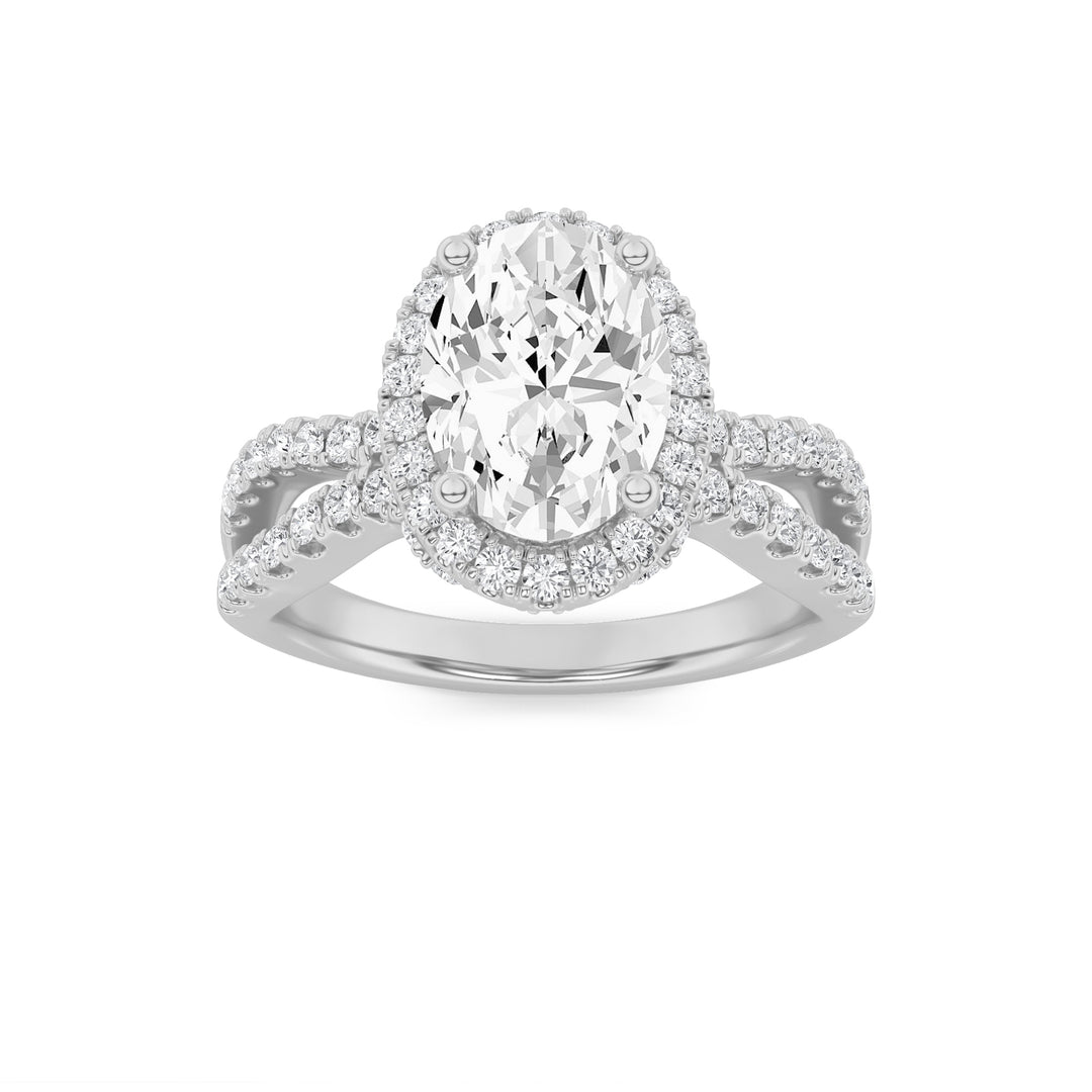 2Cttw Oval Shaped Lab Grown Diamond (G/VS) Split Shank Halo Accented Engagement Ring in 14K Gold
