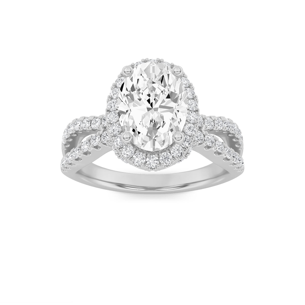 2Cttw Oval Shaped Lab Grown Diamond (G/VS) Split Shank Halo Accented Engagement Ring in 14K Gold