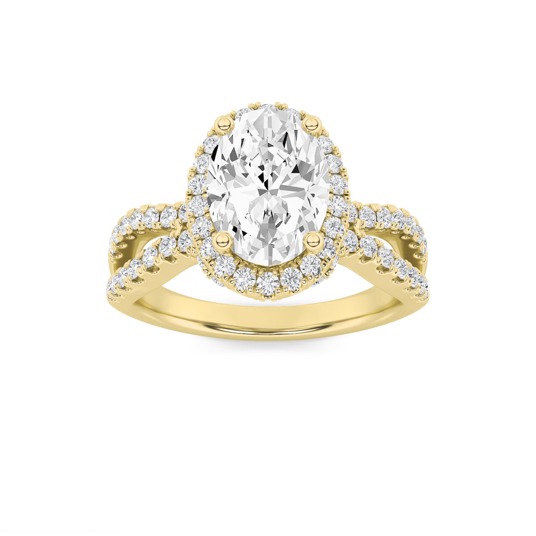 2Cttw Oval Shaped Lab Grown Diamond (F/VS) Split Shank Halo Accented Engagement Ring in 14K Gold
