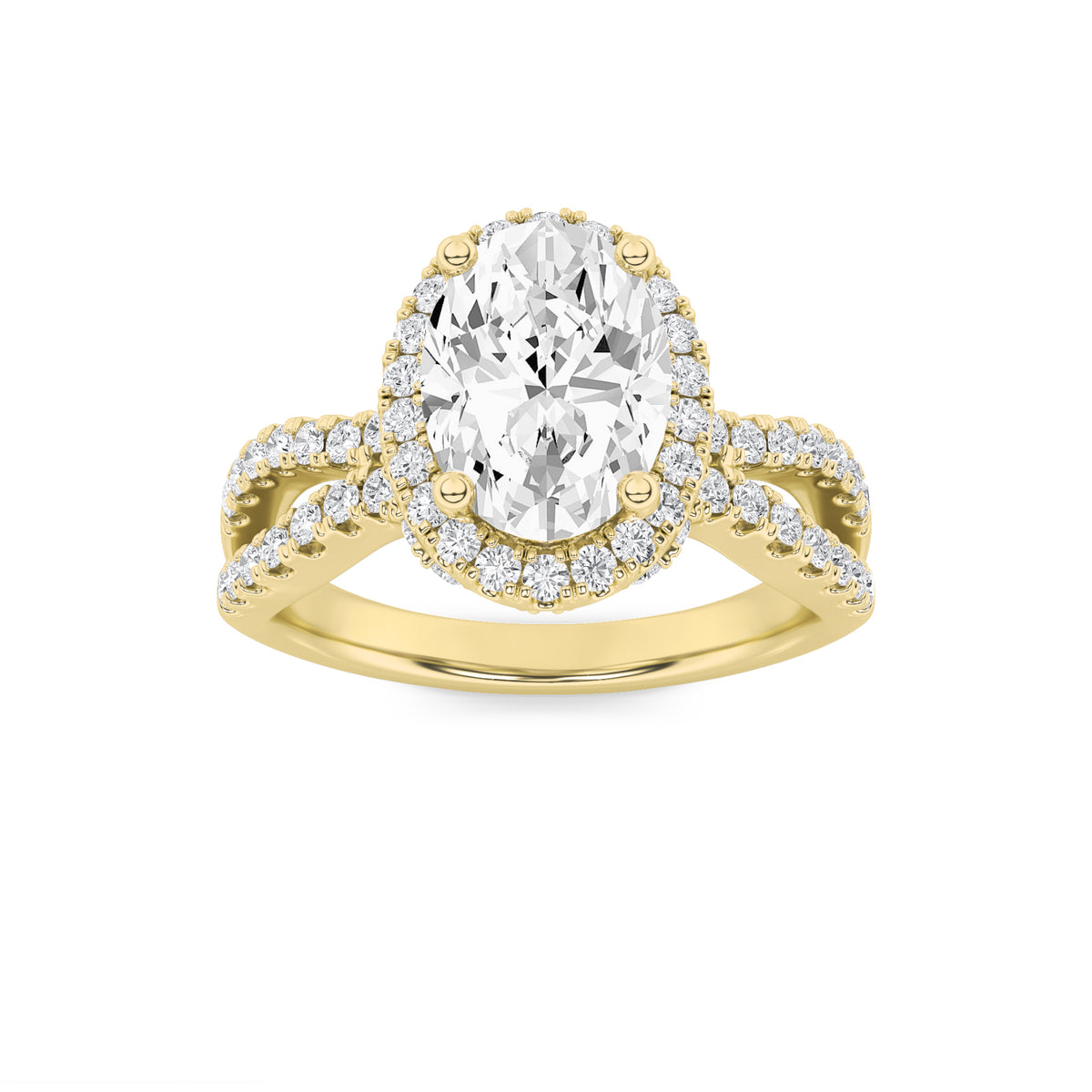 2Cttw Oval Shaped Lab Grown Diamond (F/VS) Split Shank Halo Accented Engagement Ring in 14K Gold