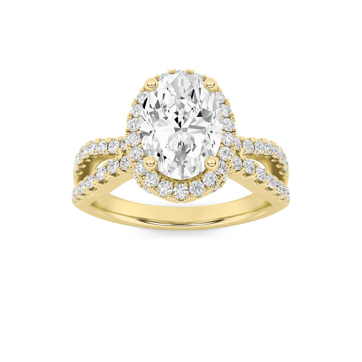 2Cttw Oval Shaped Lab Grown Diamond (F/VS) Split Shank Halo Accented Engagement Ring in 14K Gold