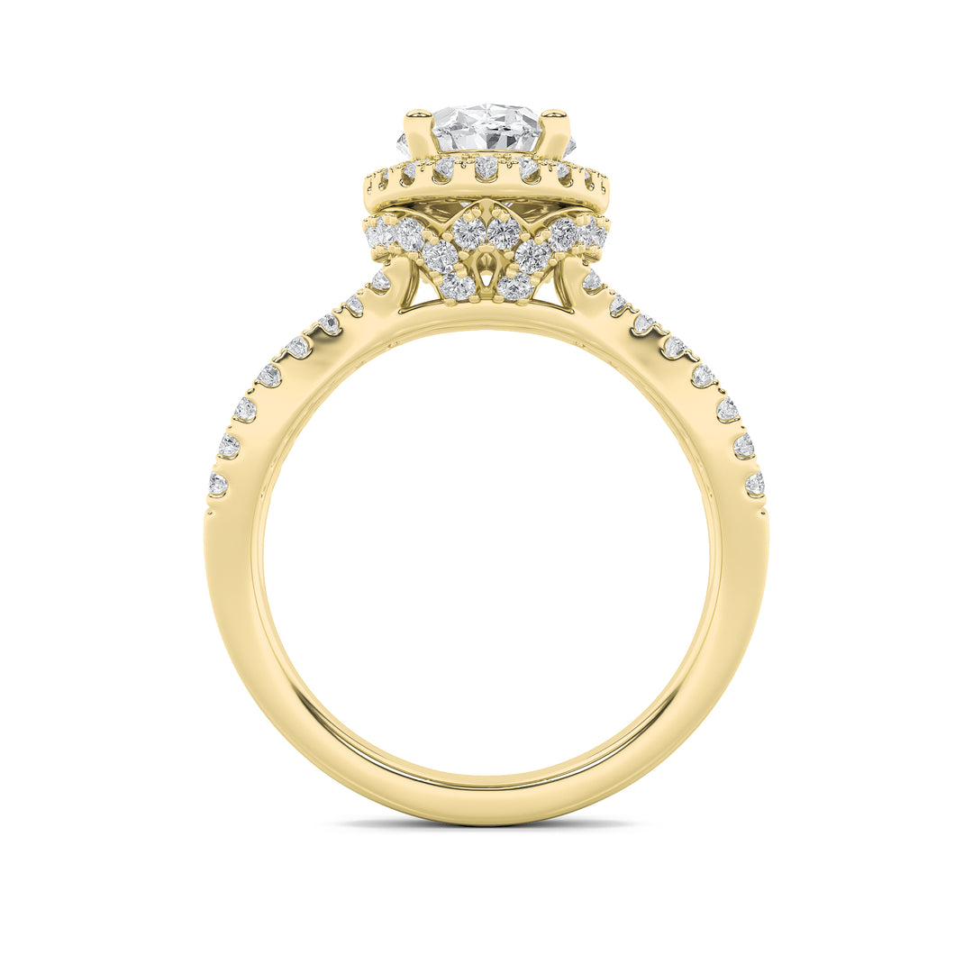 2Cttw Oval Shaped Lab Grown Diamond (G/VS) Split Shank Halo Accented Engagement Ring in 14K Gold