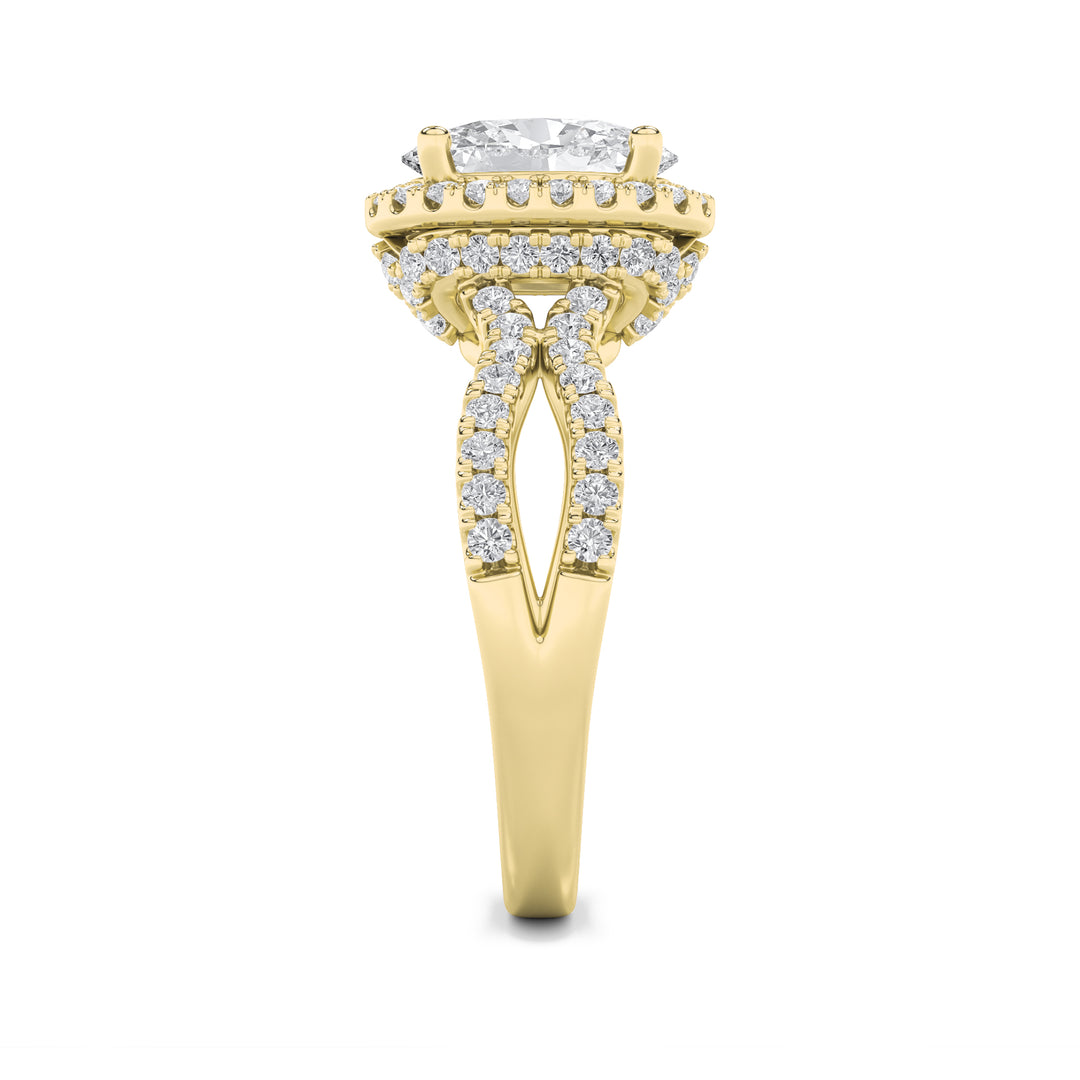 2Cttw Oval Shaped Lab Grown Diamond (G/VS) Split Shank Halo Accented Engagement Ring in 14K Gold