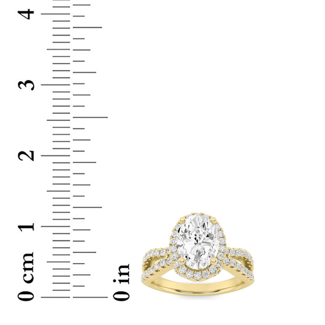 2Cttw Oval Shaped Lab Grown Diamond (G/VS) Split Shank Halo Accented Engagement Ring in 14K Gold