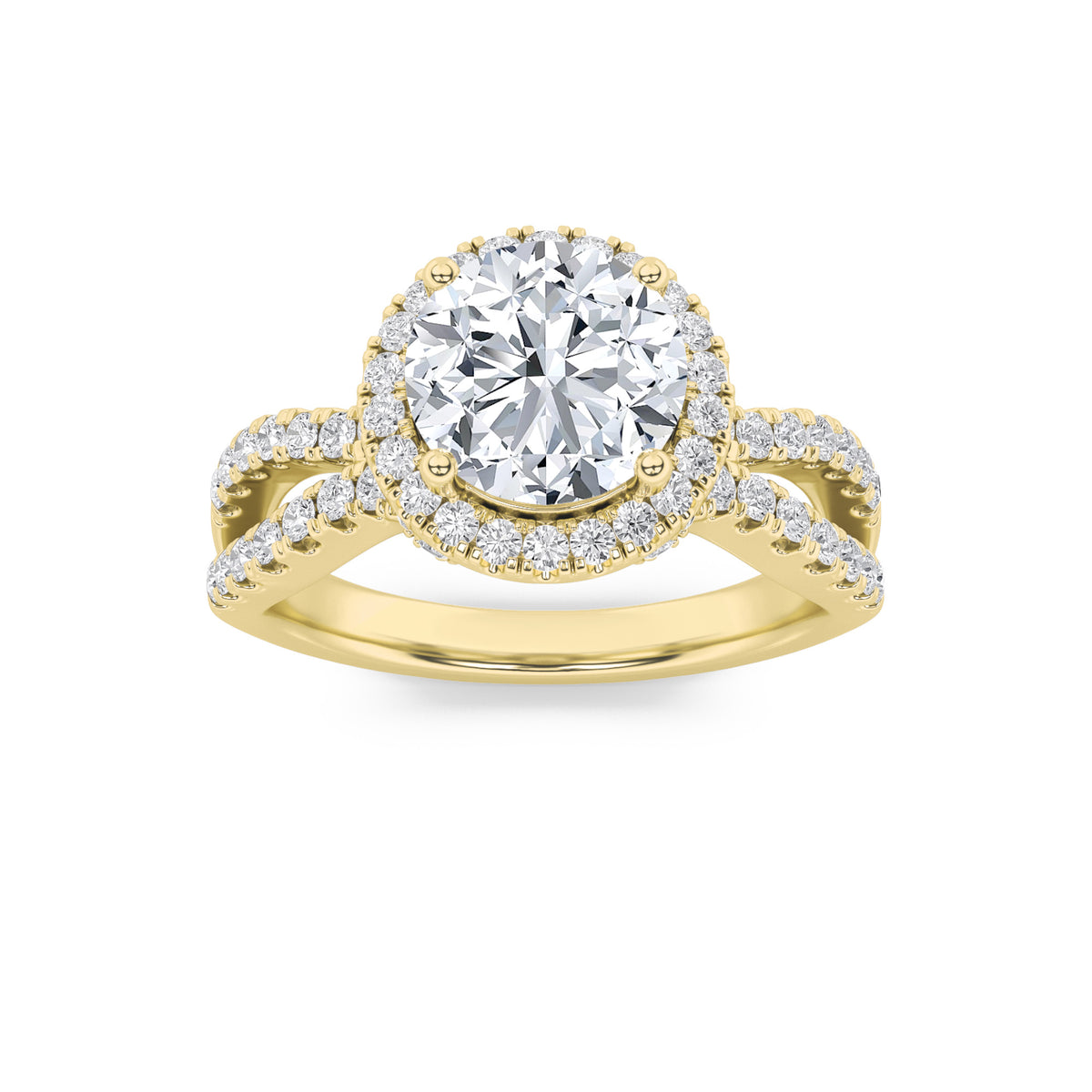 2Cttw Round Shaped Lab Grown Diamond (F/VS) SplitShank Halo Accented Engagement Ring in 14K Gold