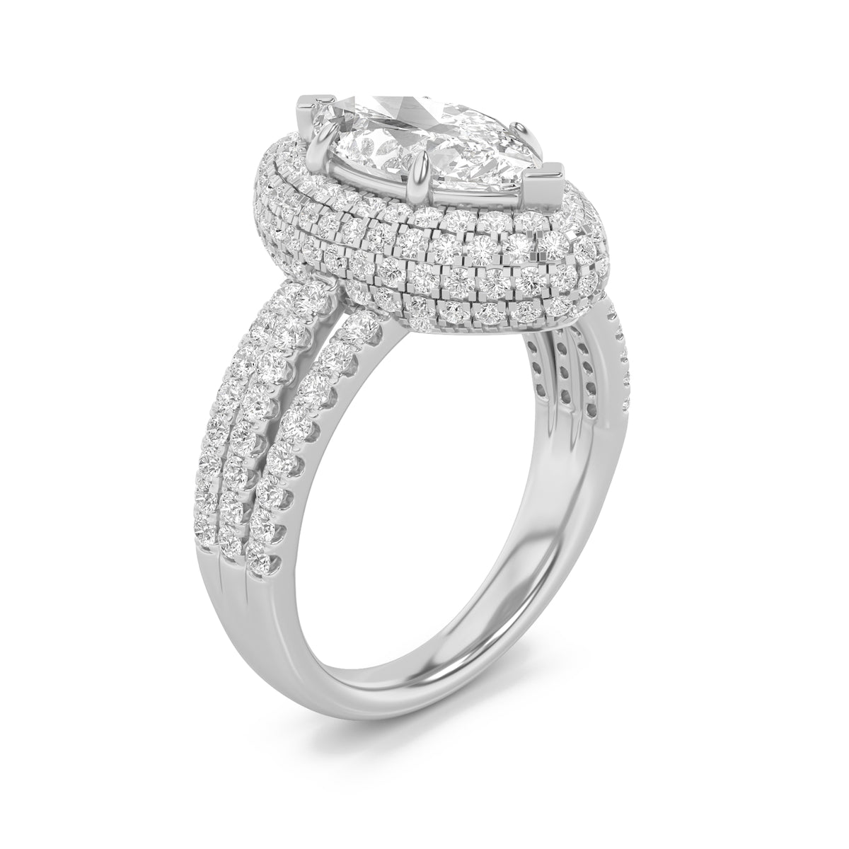 3Cttw Marquise Shaped Lab Grown Diamond (F/VS) Three Row Accented Halo Engagement Ring in 14K Gold