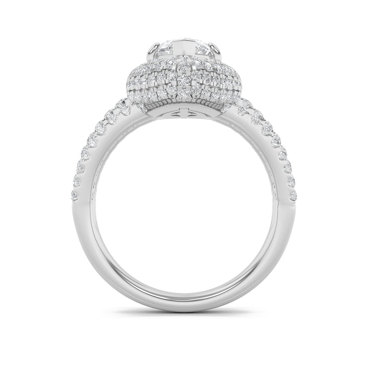 3Cttw Marquise Shaped Lab Grown Diamond (F/VS) Three Row Accented Halo Engagement Ring in 14K Gold