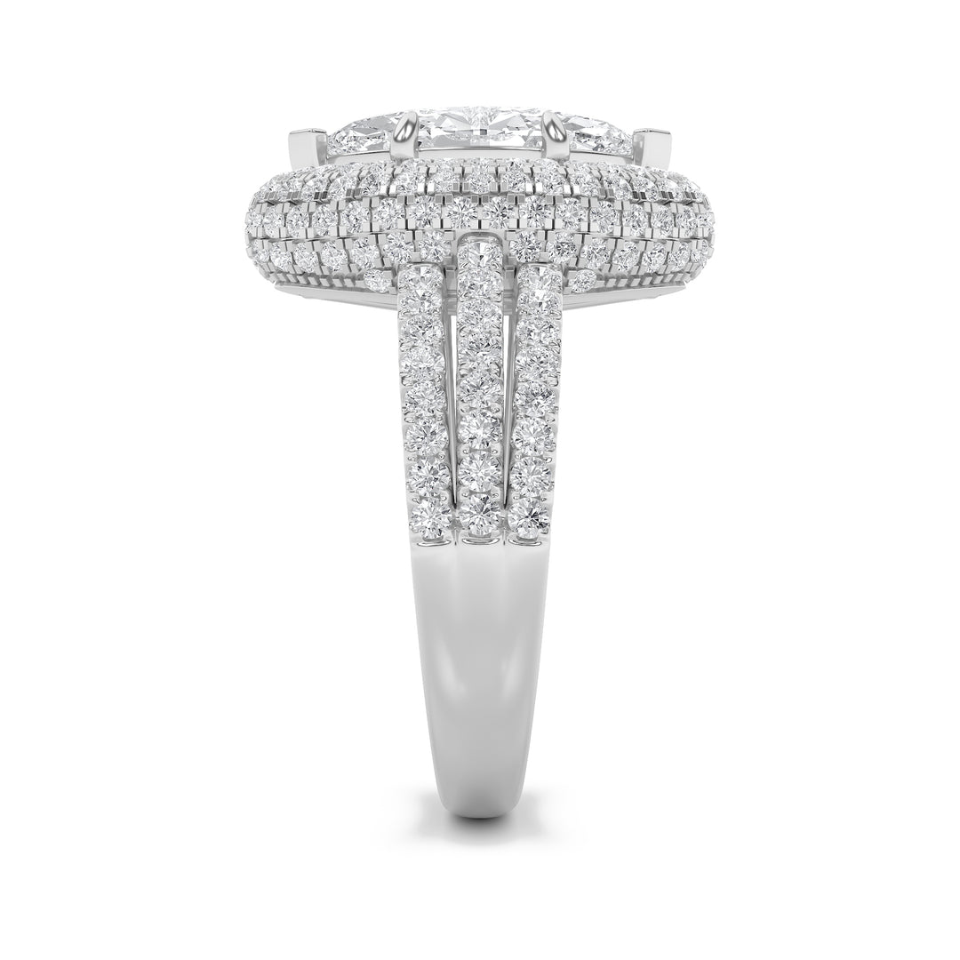 3Cttw Marquise Shaped Lab Grown Diamond (F/VS) Three Row Accented Halo Engagement Ring in 14K Gold