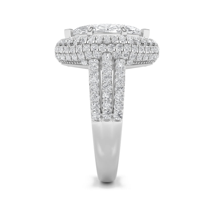 3Cttw Marquise Shaped Lab Grown Diamond (F/VS) Three Row Accented Halo Engagement Ring in 14K Gold