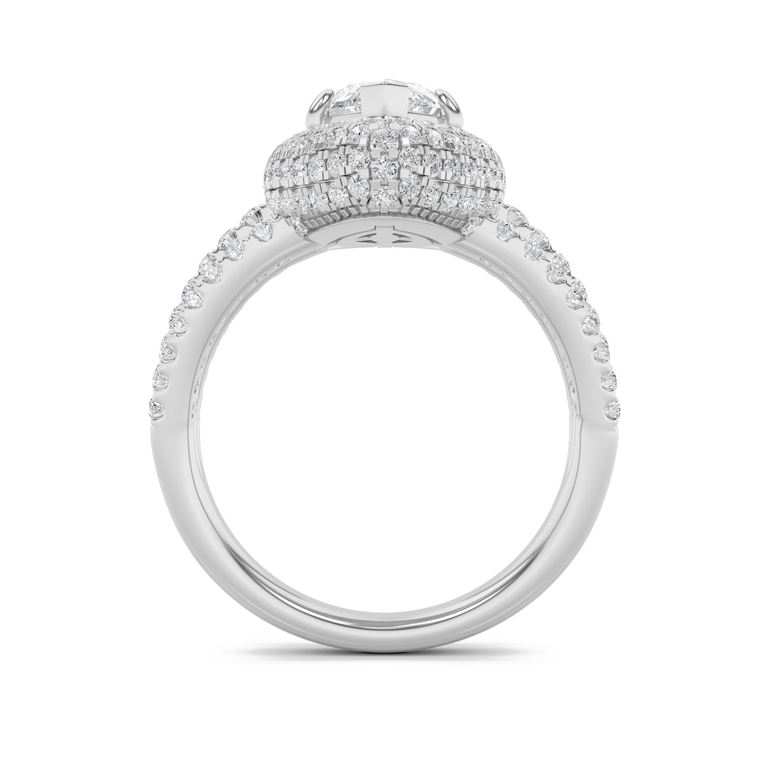 3Cttw Marquise Shaped Lab Grown Diamond (G/VS) Three Row Accented Halo Engagement Ring in 14K Gold