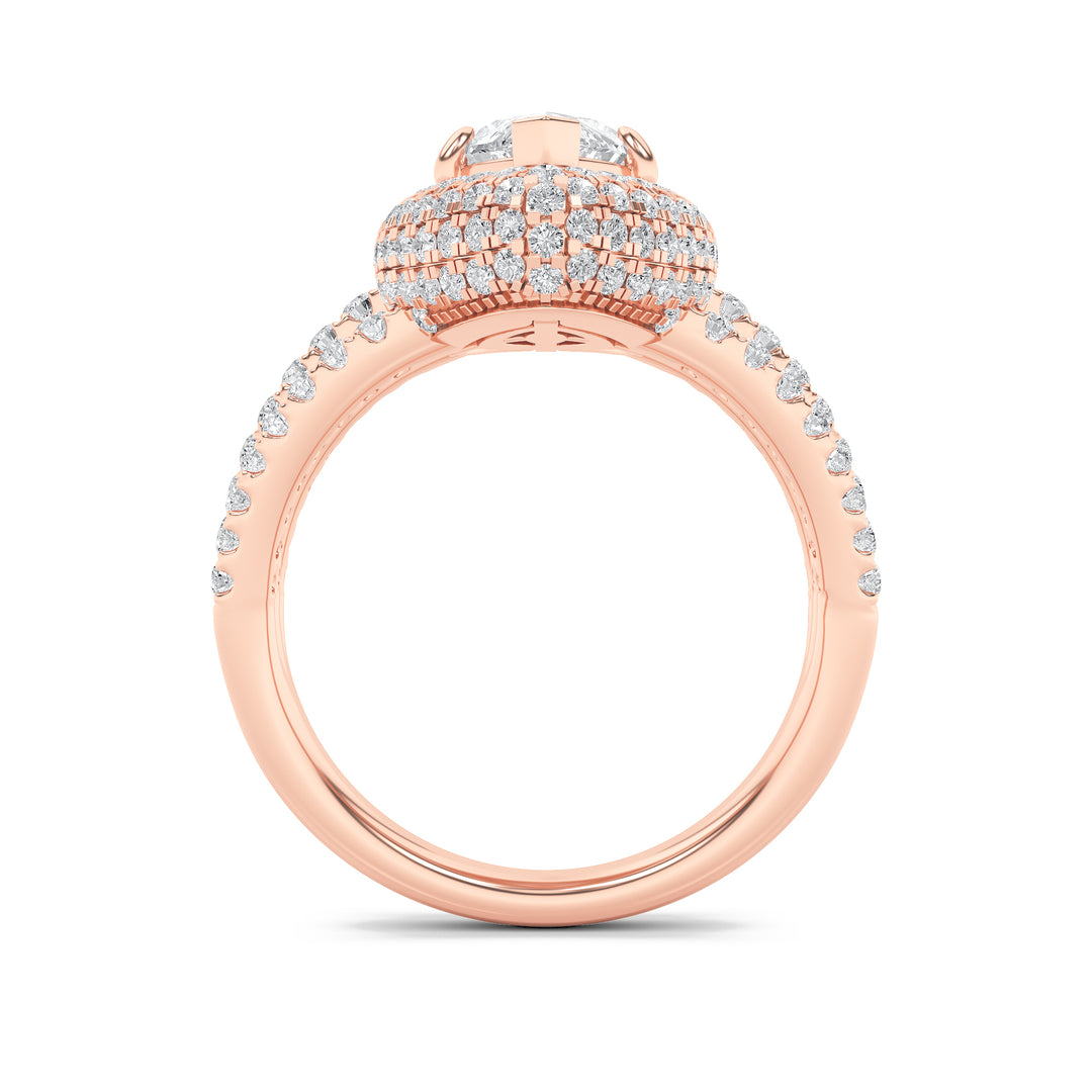 3Cttw Marquise Shaped Lab Grown Diamond (F/VS) Three Row Accented Halo Engagement Ring in 14K Gold