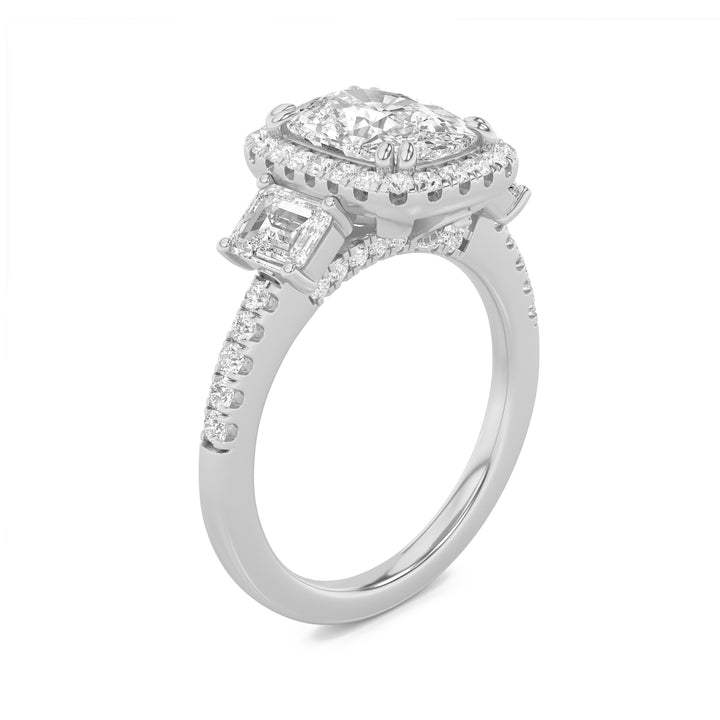 3Cttw Elongated Cushion Shaped Lab Grown Diamond (F/VVS) Accented Three Stone Ring in 14K Gold