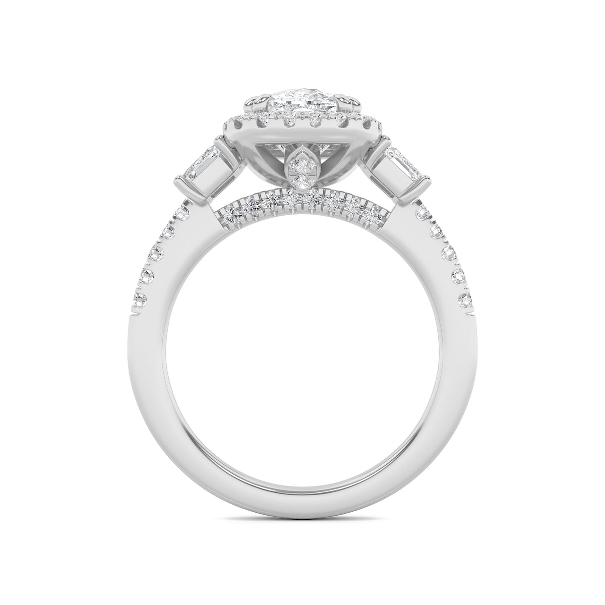 3Cttw Elongated Cushion Shaped Lab Grown Diamond (F/VVS) Accented Three Stone Ring in 14K Gold