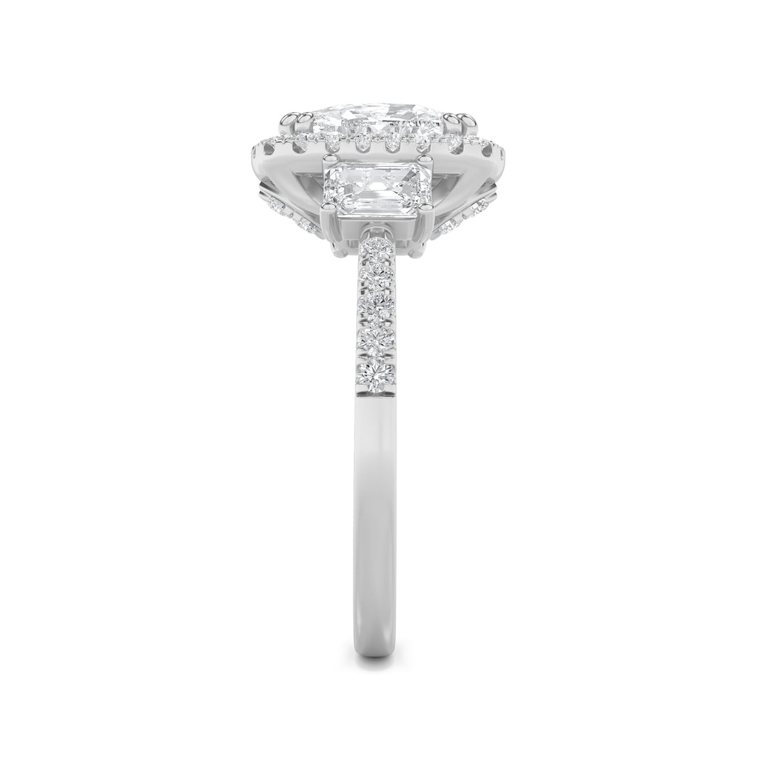 3Cttw Elongated Cushion Shaped Lab Grown Diamond (F/VVS) Accented Three Stone Ring in 14K Gold
