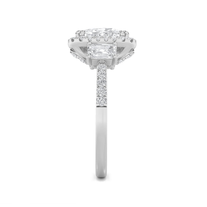 3Cttw Elongated Cushion Shaped Lab Grown Diamond (F/VVS) Accented Three Stone Ring in 14K Gold