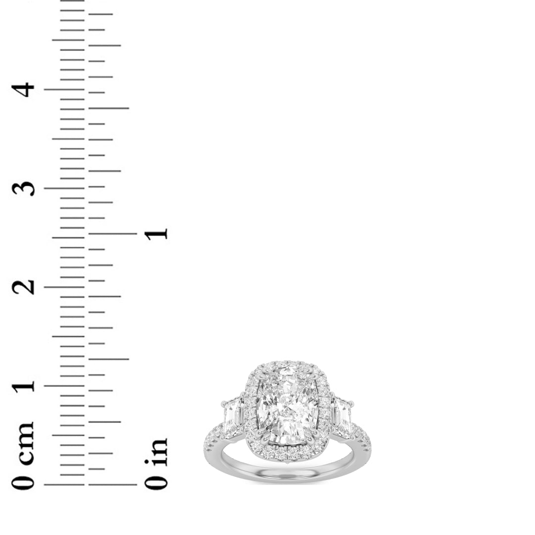3Cttw Elongated Cushion Shaped Lab Grown Diamond (F/VVS) Accented Three Stone Ring in 14K Gold