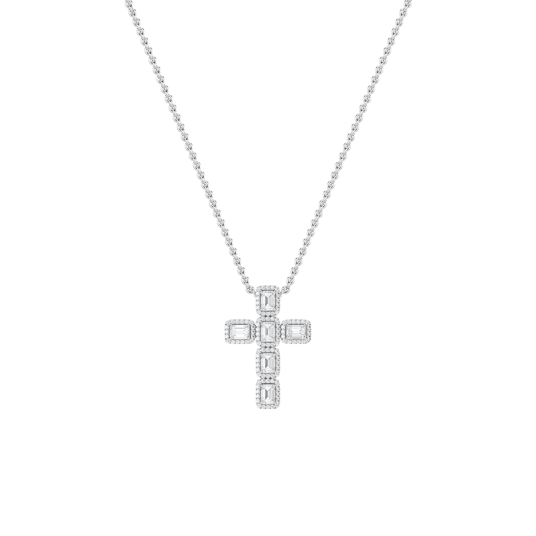 3Cttw Emerald Shaped Lab Grown Diamond (F/VS) Cross Pendant in 14K Gold