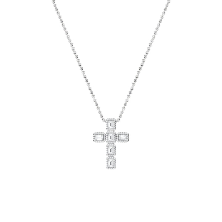 3Cttw Emerald Shaped Lab Grown Diamond (F/VS) Cross Pendant in 14K Gold