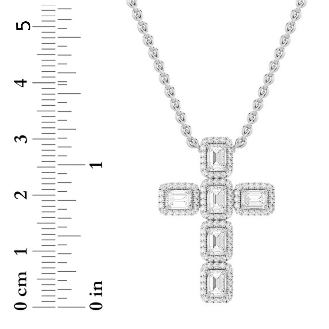 3Cttw Emerald Shaped Lab Grown Diamond (F/VS) Cross Pendant in 14K Gold