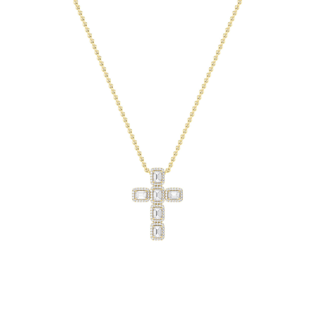 3Cttw Emerald Shaped Lab Grown Diamond (F/VS) Cross Pendant in 14K Gold