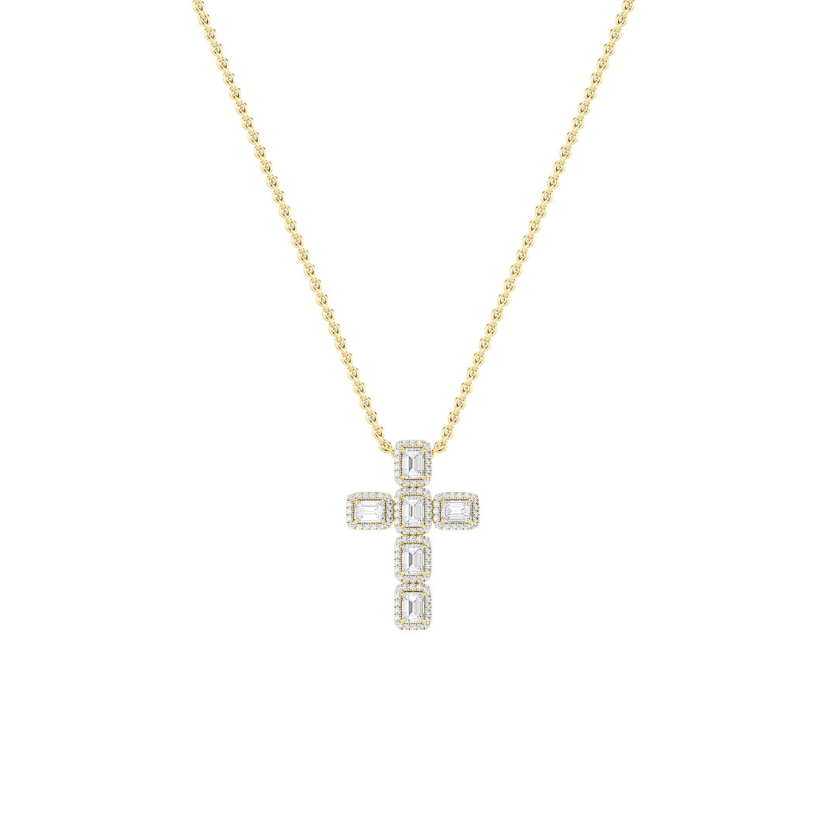 3Cttw Emerald Shaped Lab Grown Diamond (F/VS) Cross Pendant in 14K Gold