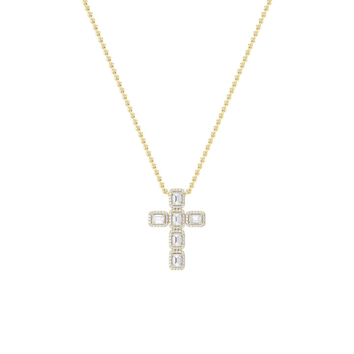 3Cttw Emerald Shaped Lab Grown Diamond (F/VS) Cross Pendant in 14K Gold