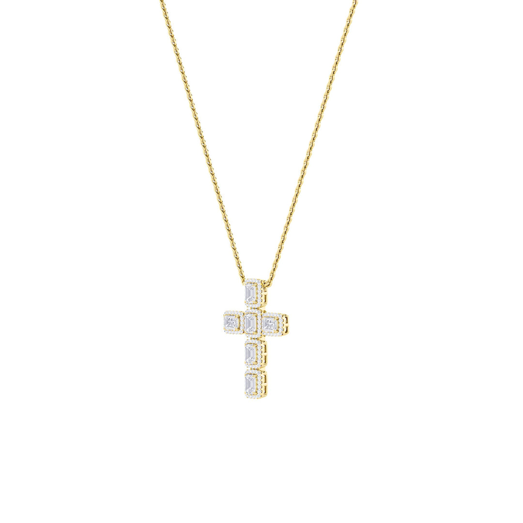 3Cttw Emerald Shaped Lab Grown Diamond (F/VS) Cross Pendant in 14K Gold