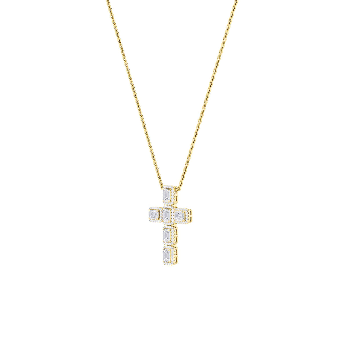 3Cttw Emerald Shaped Lab Grown Diamond (F/VS) Cross Pendant in 14K Gold