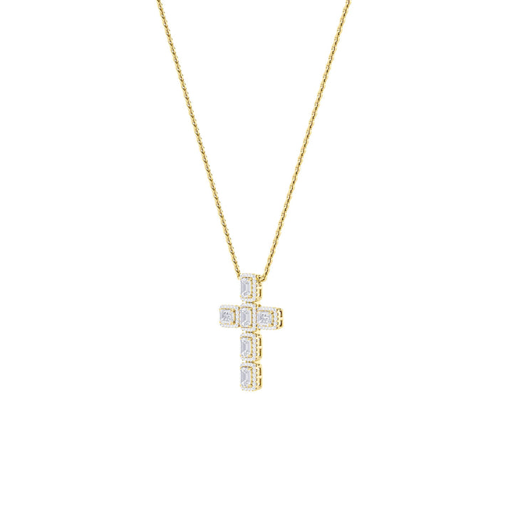 3Cttw Emerald Shaped Lab Grown Diamond (F/VS) Cross Pendant in 14K Gold