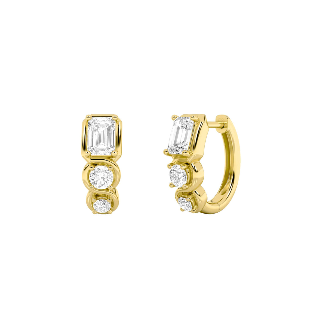 2.5Cttw Emerald Shaped Lab Grown Diamond (F/VS) Three Stone Huggie Earrings in 14K Gold