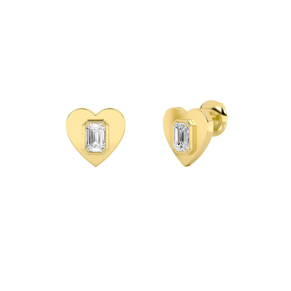 1Cttw Emerald Shaped Lab Grown Diamond (F/VS) Heart Shaped Stud Earrings in 14K Gold