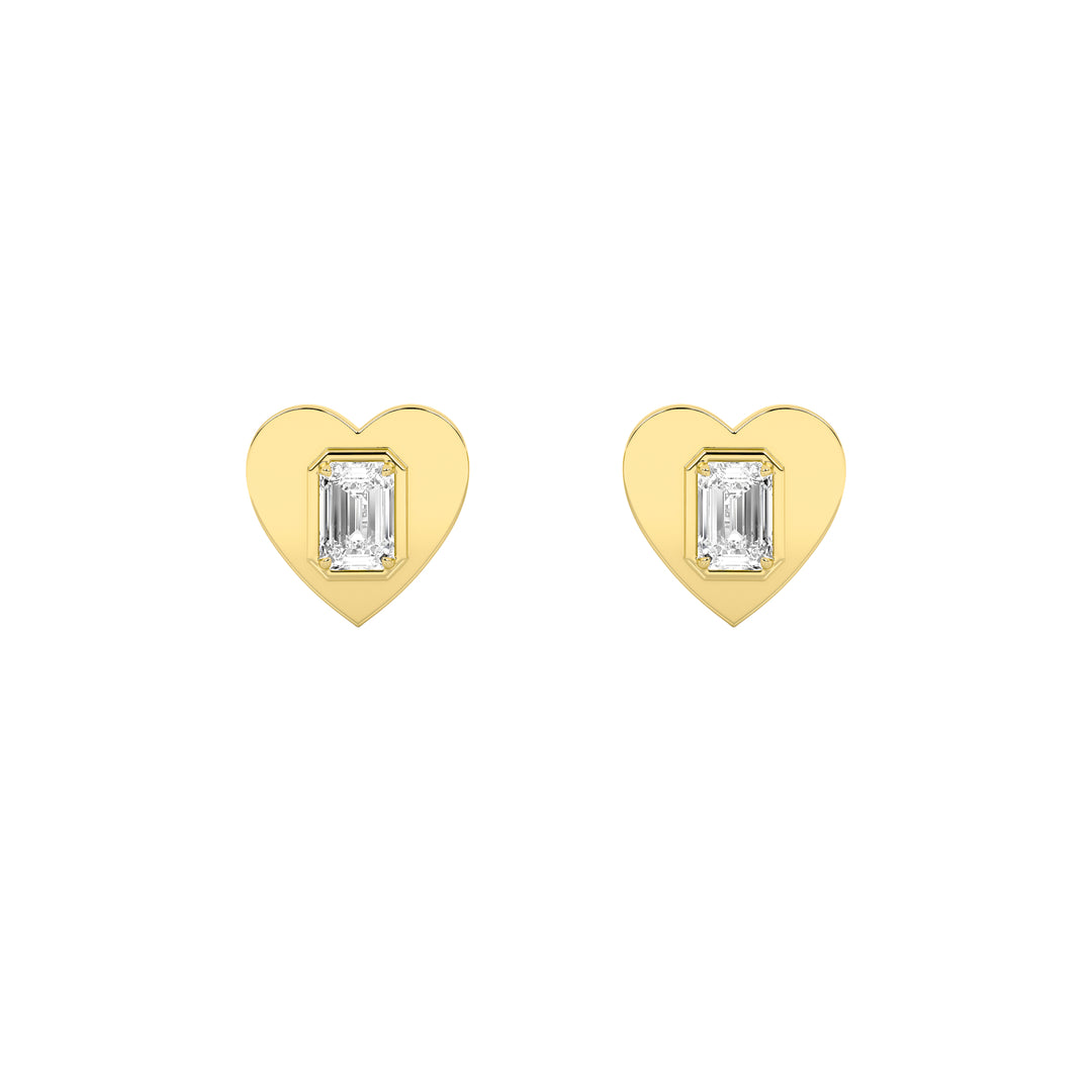 1Cttw Emerald Shaped Lab Grown Diamond (F/VS) Heart Shaped Stud Earrings in 14K Gold