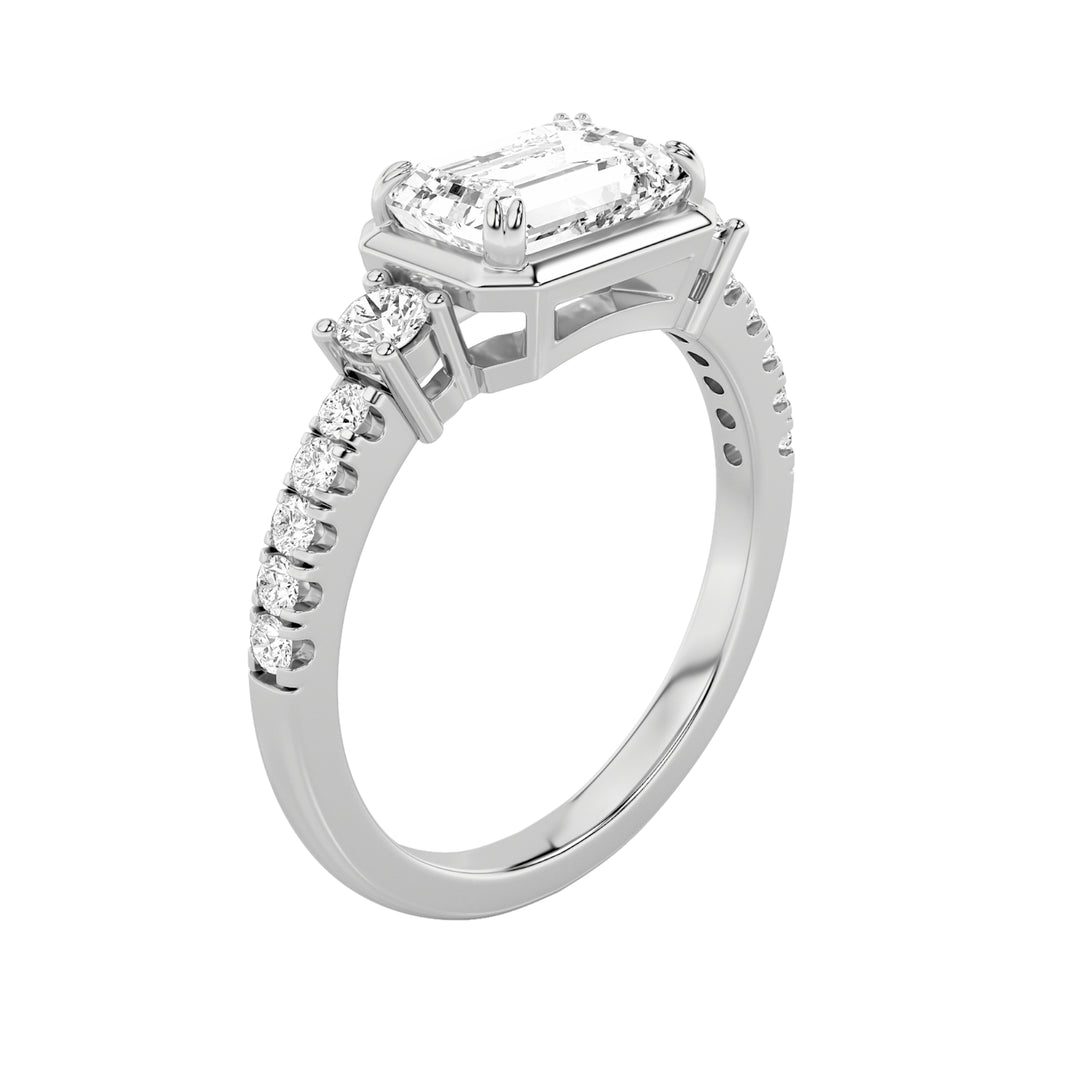 2Cttw Emerald Shaped Lab Grown Diamond (F/VS) East West Accented Three Stone Ring in 14K Gold