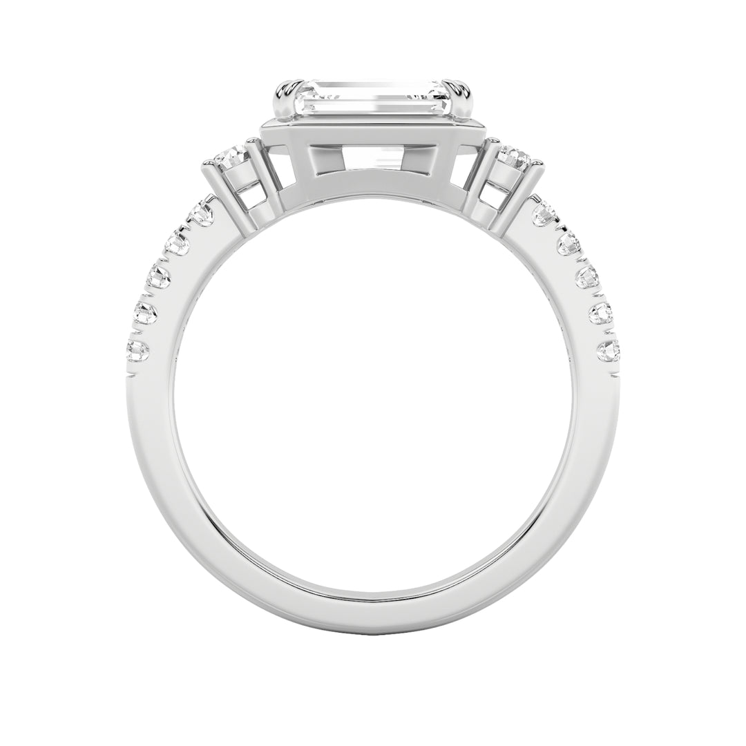 2Cttw Emerald Shaped Lab Grown Diamond (F/VS) East West Accented Three Stone Ring in 14K Gold