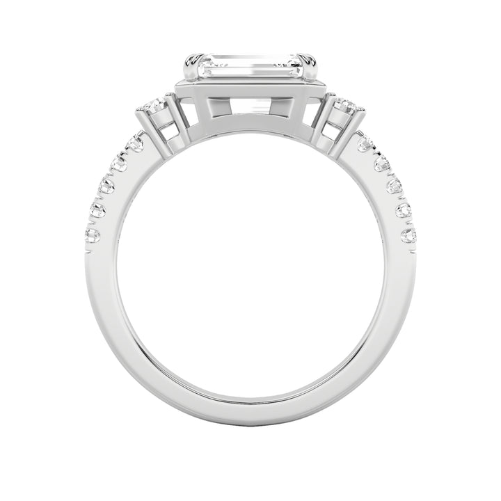 2Cttw Emerald Shaped Lab Grown Diamond (F/VS) East West Accented Three Stone Ring in 14K Gold