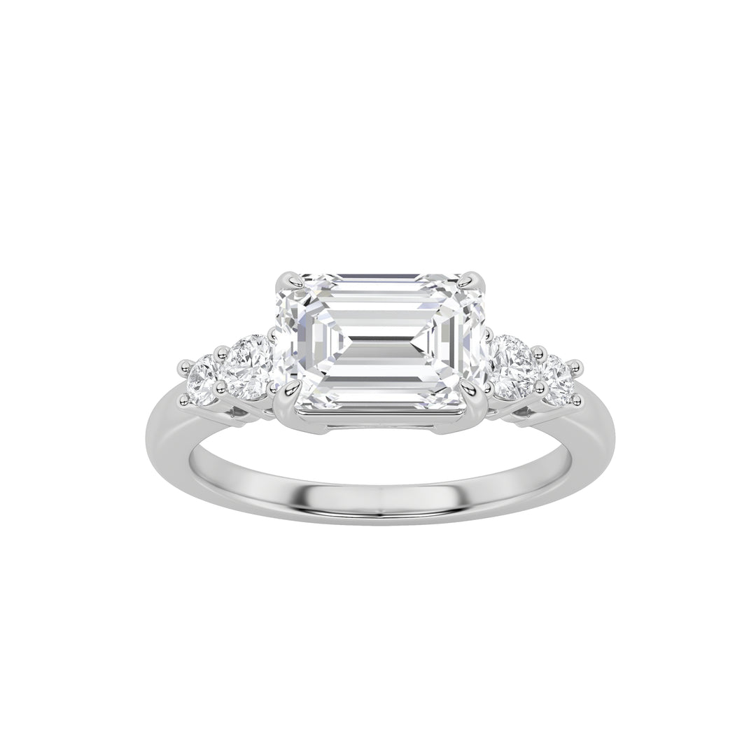 1.5Cttw Emerald Shaped Lab Grown Diamond (F/VS) East West Accented Three Stone Ring in 14K Gold
